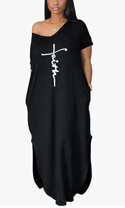 Letter Printed Super Loose Casual Maxi Dress Lady T Fashions