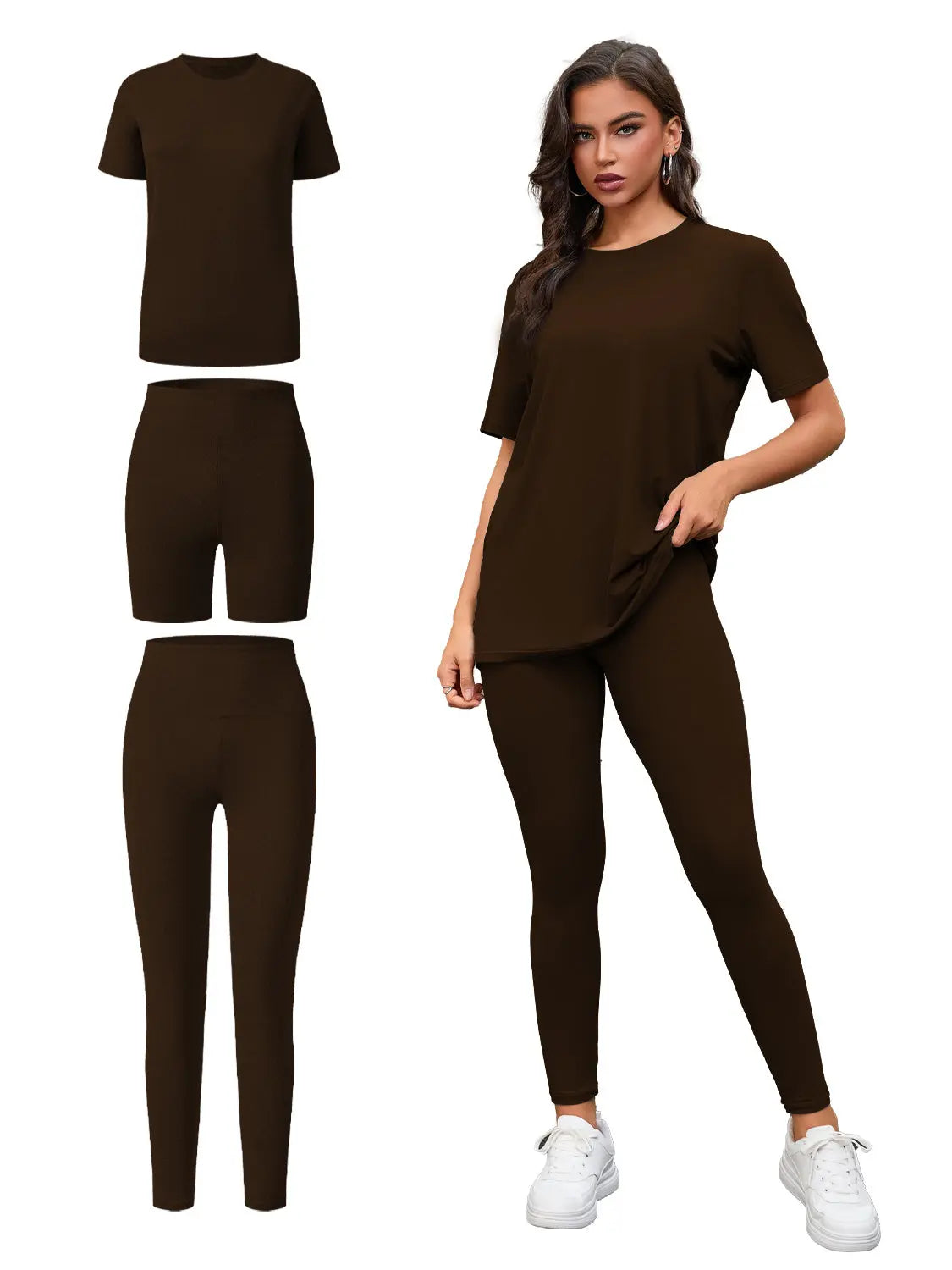 Three Piece Set, Round Neck Short Sleeved Top And Shorts And Pants Set, Sports And Casual Clothing Lady T Fashions