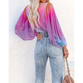 Womens V Neck Gradient Color Long Sleeve Tops 2025 Summer Casual Loose Puff Sleeve Chiffon Shirts Lady T Fashions