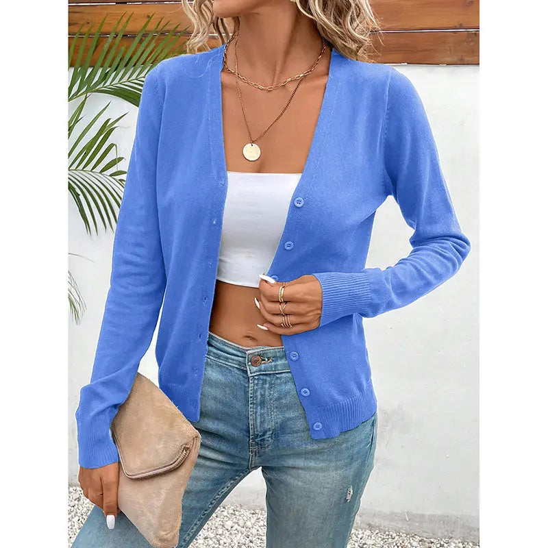 Women's Long Sleeve V-Neck Button Down Cardigan Knit Shrugs Sweater Lady T Fashions