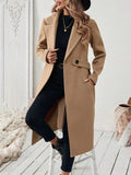 Flat Collar Solid Color Pocket With Belt Long Sleeve Autumn Winter Coat Jacket Lady T Fashions