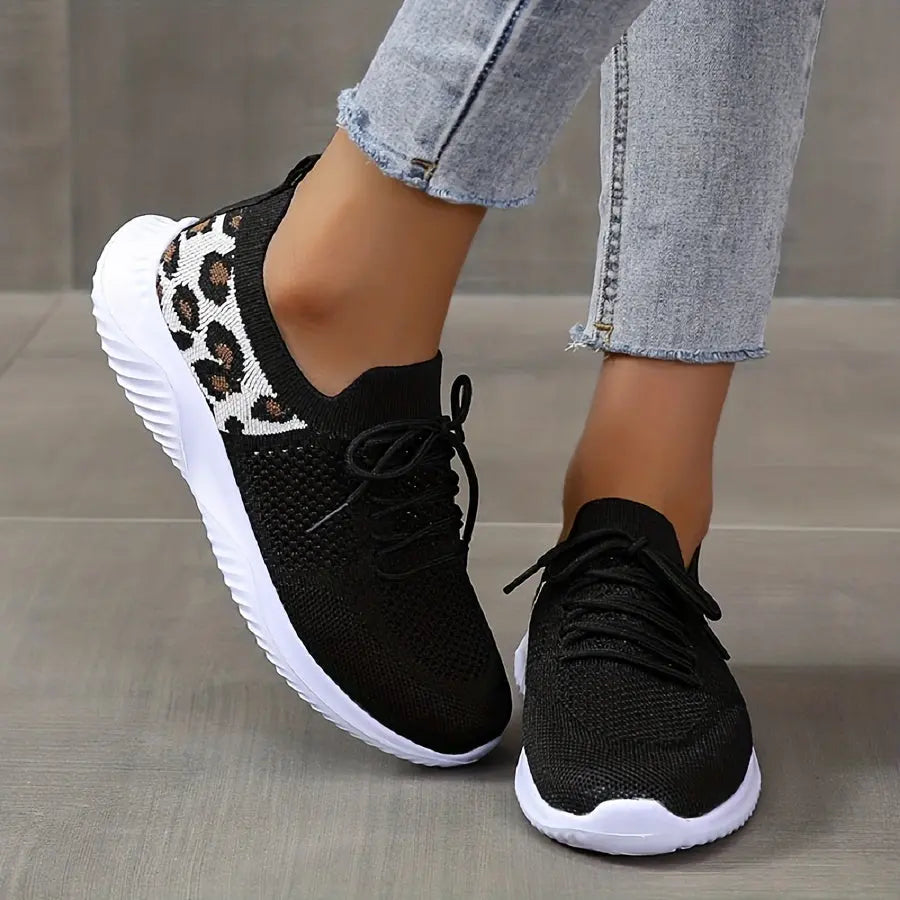 Women's Leopard Knit Sports Shoes, Breathable Lace Up Low Top Running Shoes, Casual Walking Tennis Sneakers Lady T Fashions