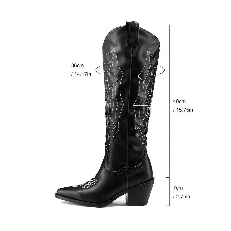 Women's Chunky Heel Spider Print Knee High Boots, Pointed Toe Solid Color Slip On Long Boots, Comfortable Shoes Lady T Fashions