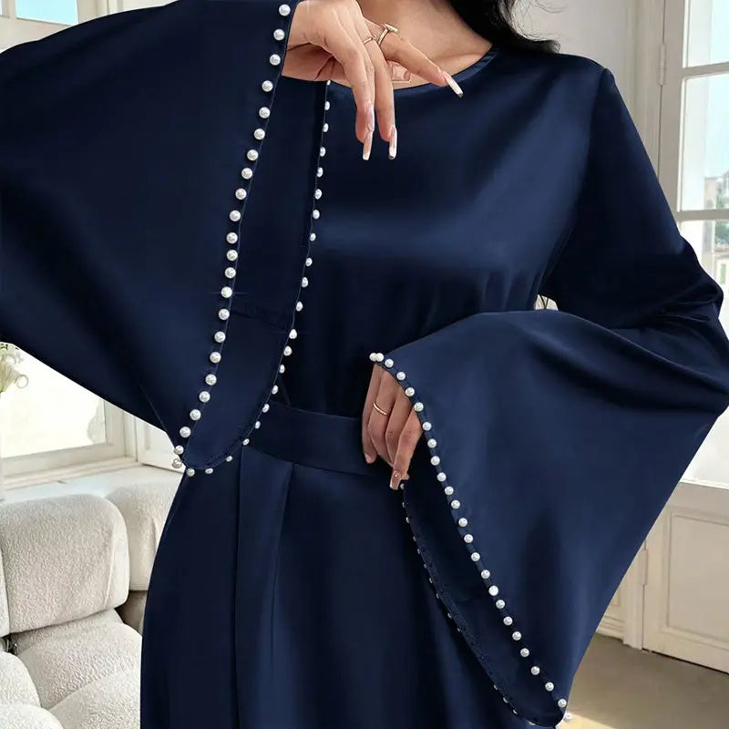 Elegant Round Neck Solid Color Flared Maxi Dress Long Sleeve With Pearl Cuff Detail, Modest A-Line Middle Eastern Abaya Party & Vacation Dress For Women Lady T Fashions
