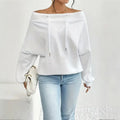 Plus Size Women's Solid Color Off-Shoulder Long Sleeve Pullover With Drawstring - Casual Ribbed Detail Top For Spring&Fall Lady T Fashions