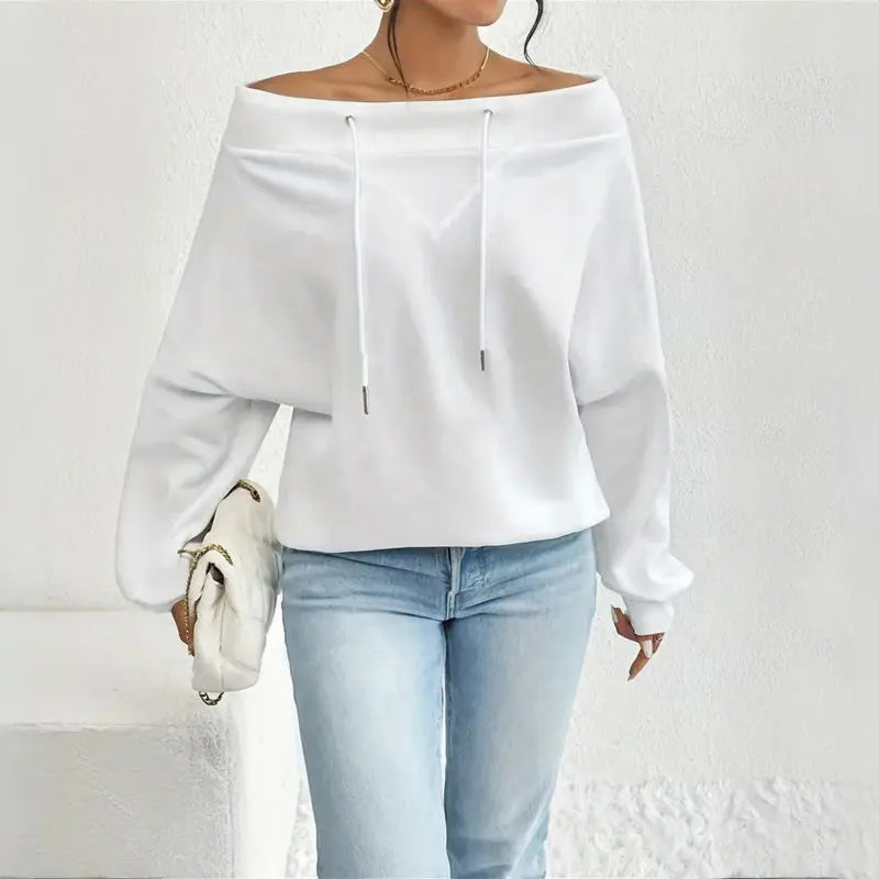 Plus Size Women's Solid Color Off-Shoulder Long Sleeve Pullover With Drawstring - Casual Ribbed Detail Top For Spring&Fall Lady T Fashions