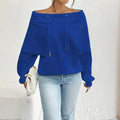 Plus Size Women's Solid Color Off-Shoulder Long Sleeve Pullover With Drawstring - Casual Ribbed Detail Top For Spring&Fall Lady T Fashions