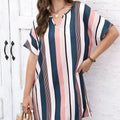 Ladies' Contrasting Striped Print Notch V-neck Short Casual Loose Dress Lady T Fashions