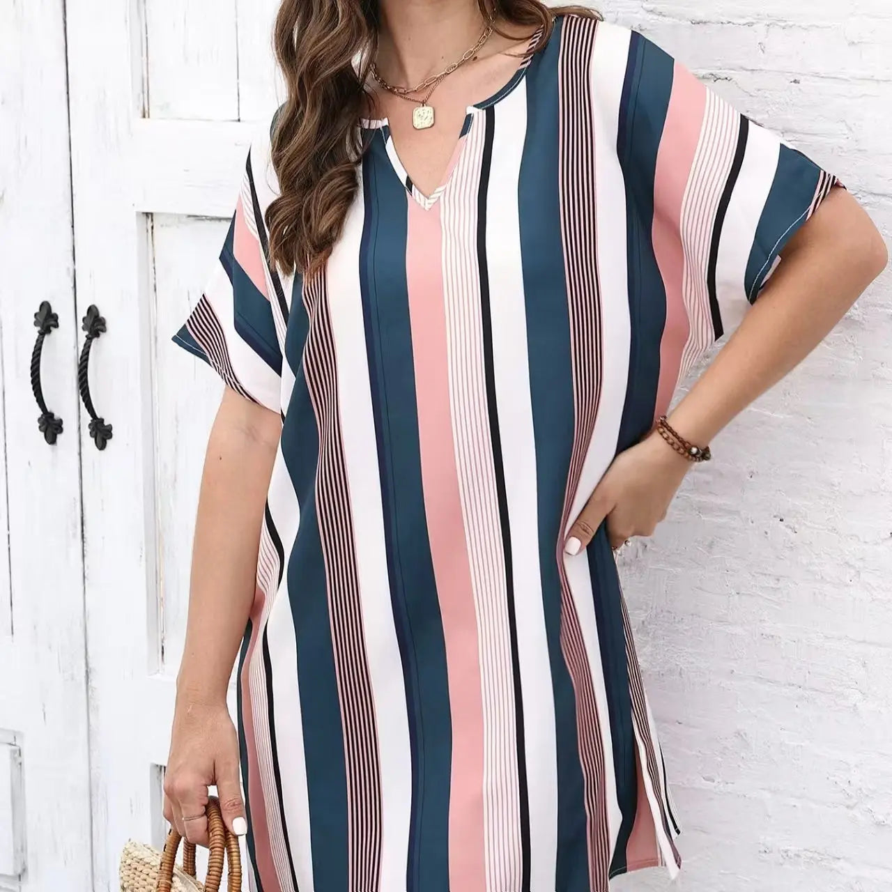 Ladies' Contrasting Striped Print Notch V-neck Short Casual Loose Dress Lady T Fashions