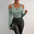 Women's Ribbed Long Sleeve Top Cut Out Front Detail Fitted Sexy Tee Casual Dressy T-Shirt Tops Lady T Fashions