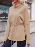 Fisoew Women's Turtleneck Sweatshirts Fleece Drawstring Waist Casual Long Sleeve Pullover Sweater Side Slit Tunic Tops Lady T Fashions