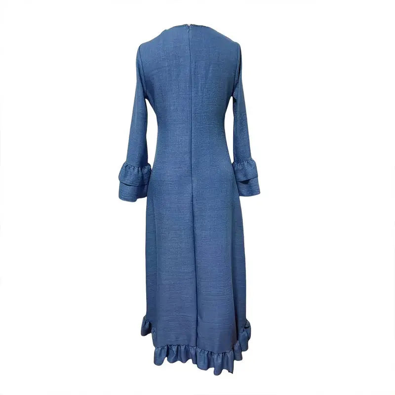 Women's Solid Color Deep V-Neck Long Sleeve Dress With Ruffled Hem & Asymmetrical Hemline Spring&Summer Vacation Dress Lady T Fashions