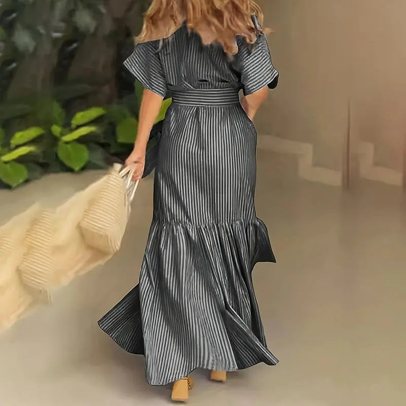 Women's Summer Casual Striped Button Down Maxi Dress Tie Waist Short Sleeve Shirt Dress With Pockets Lady T Fashions