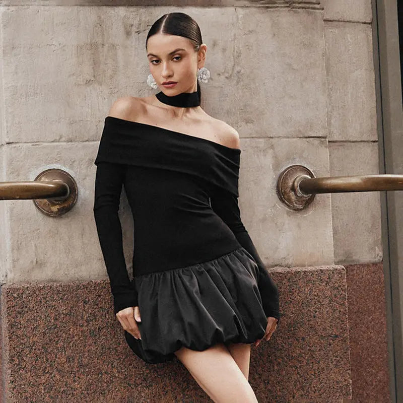 Women's Off-shoulder Long Sleeve Stitching Dress Lady T Fashions