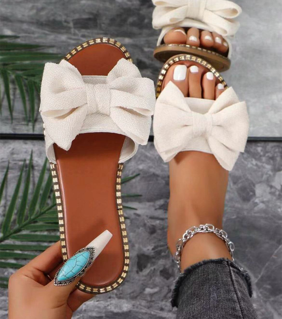Flat Bottom Rhinestone Bowknot Slippers Women's Cloth Sandals null