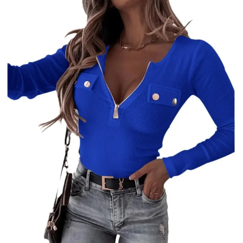 Knitted Slim-fit Long-sleeved Pullover Zipper Top Lady T Fashions