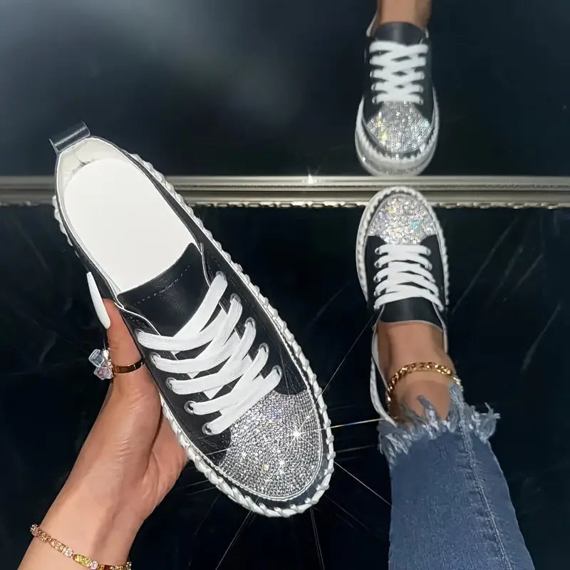 Comfortable Low Top Rhinestone Decor Sneakers - Casual Lace Up Outdoor Shoes for Plus Size Women Lady T Fashions