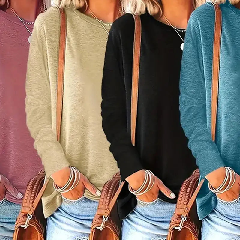 4 Pack Women's Solid Color Casual Set Round Neck Long Sleeve Tops For Spring&Fall Lady T Fashions