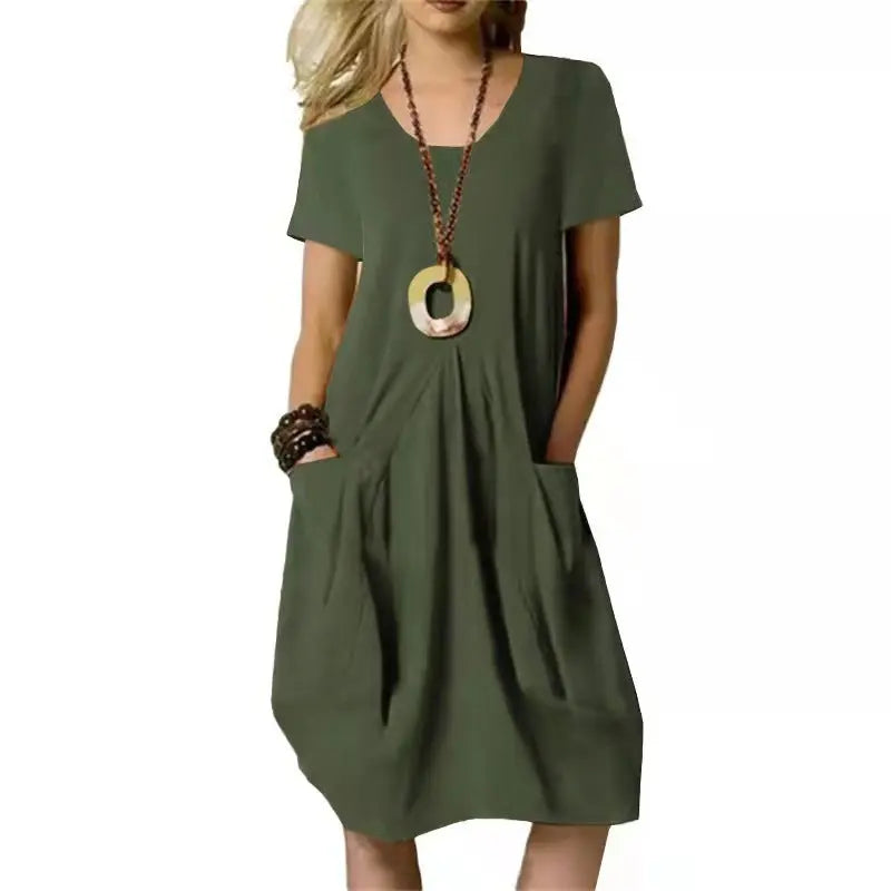 Cotton And Linen Solid Color Loose Round Neck Short Sleeve Dress Lady T Fashions