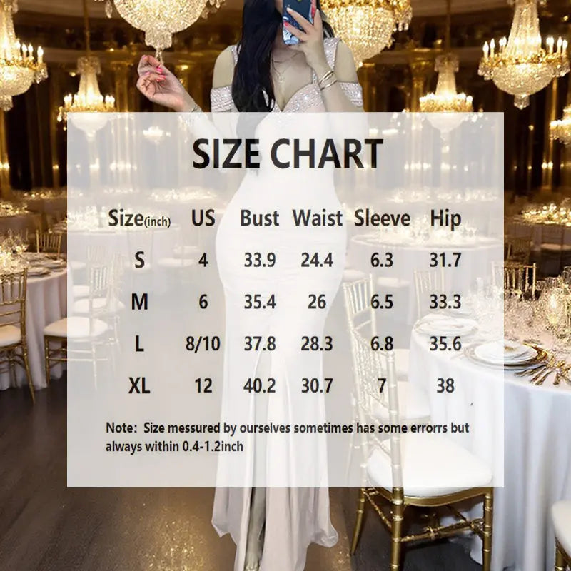 Women's Elegant V-Neck Off-Shoulder Bodycon Dress With High Waist & Thigh Slit - Sparkly Sequin Evening Gown Lady T Fashions