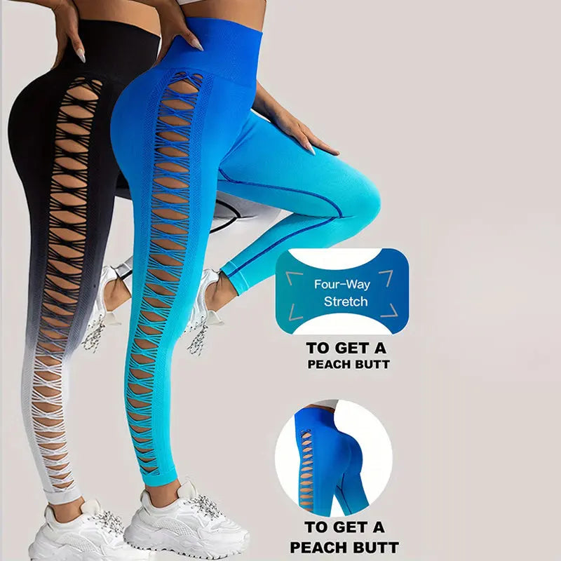 2 Pack Cut Out Ombre Gradient Color Hollow High-waist Butt-lifting Fitness Women's Yoga Pants, Women's High Waist Yoga Pants Cutout Ripped Super Soft And Comfortable Skinny Lady T Fashions