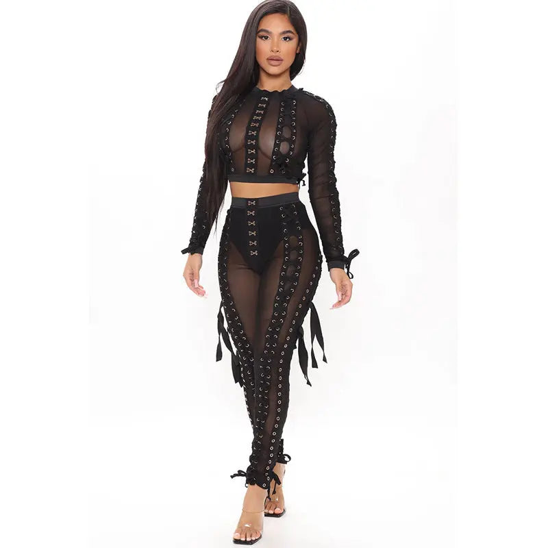 See-through Mesh Decoration Sexy Breathable Pants Strap Two-piece Suit Lady T Fashions