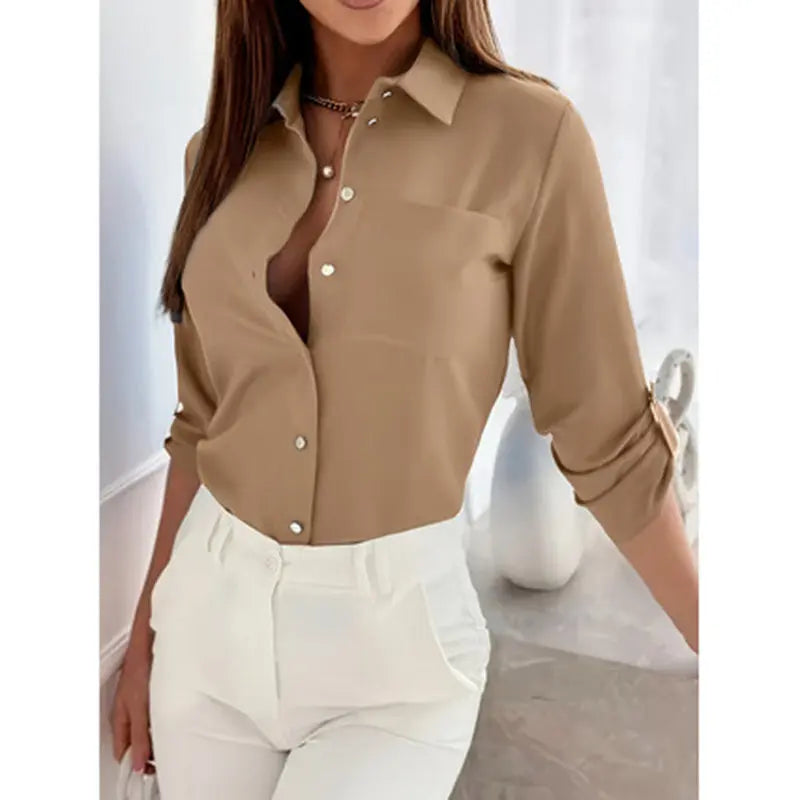 Womens Button Down Shirts V Neck Rolled Up Long Sleeve Tops Elegant Dressy Blouses Business Casual Outfits Lady T Fashions