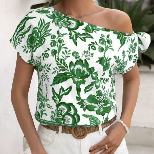 Ladies' Contrasting Flower Print Slanted Shoulder Collar Off Shoulder Holiday Casual T-shirt Top Lady T Fashions