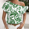 Ladies' Contrasting Flower Print Slanted Shoulder Collar Off Shoulder Holiday Casual T-shirt Top Lady T Fashions