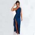 Sexy One-shoulder Backless Slit Dress Summer Elegant Slim-fit Solid Color Satin Dresses For Women Lady T Fashions