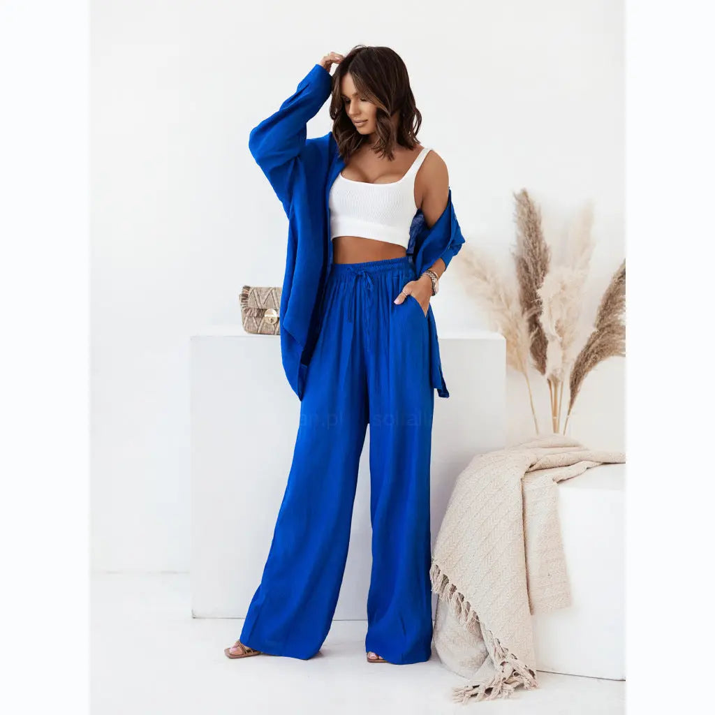 European And American Ins Style Solid Color Leisure Fashion Long Sleeve Blouse And Pants Lady T Fashions