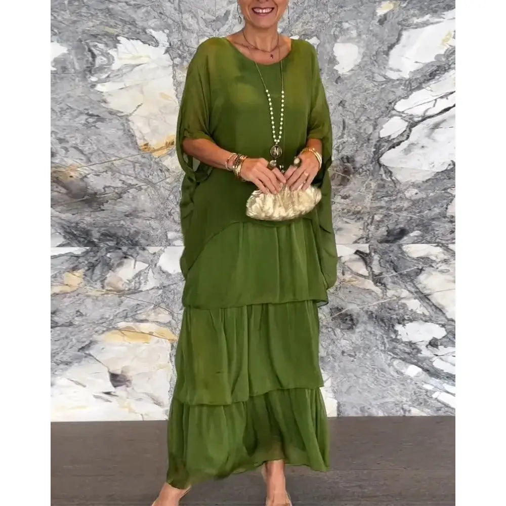 Women's Fashion Temperament Crew Neck Batwing Sleeve Dress null