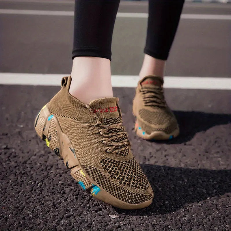 Women's Breathable Flying Woven Sneakers, Casual Lace Up Outdoor Shoes, Lightweight Low Top Trainers Lady T Fashions