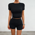 Solid Color Slim Sports Suit Summer 2Pcs Short-sleeved Round Neck T-shirt And Elastic Shorts Fashion Womens Clothing Lady T Fashions
