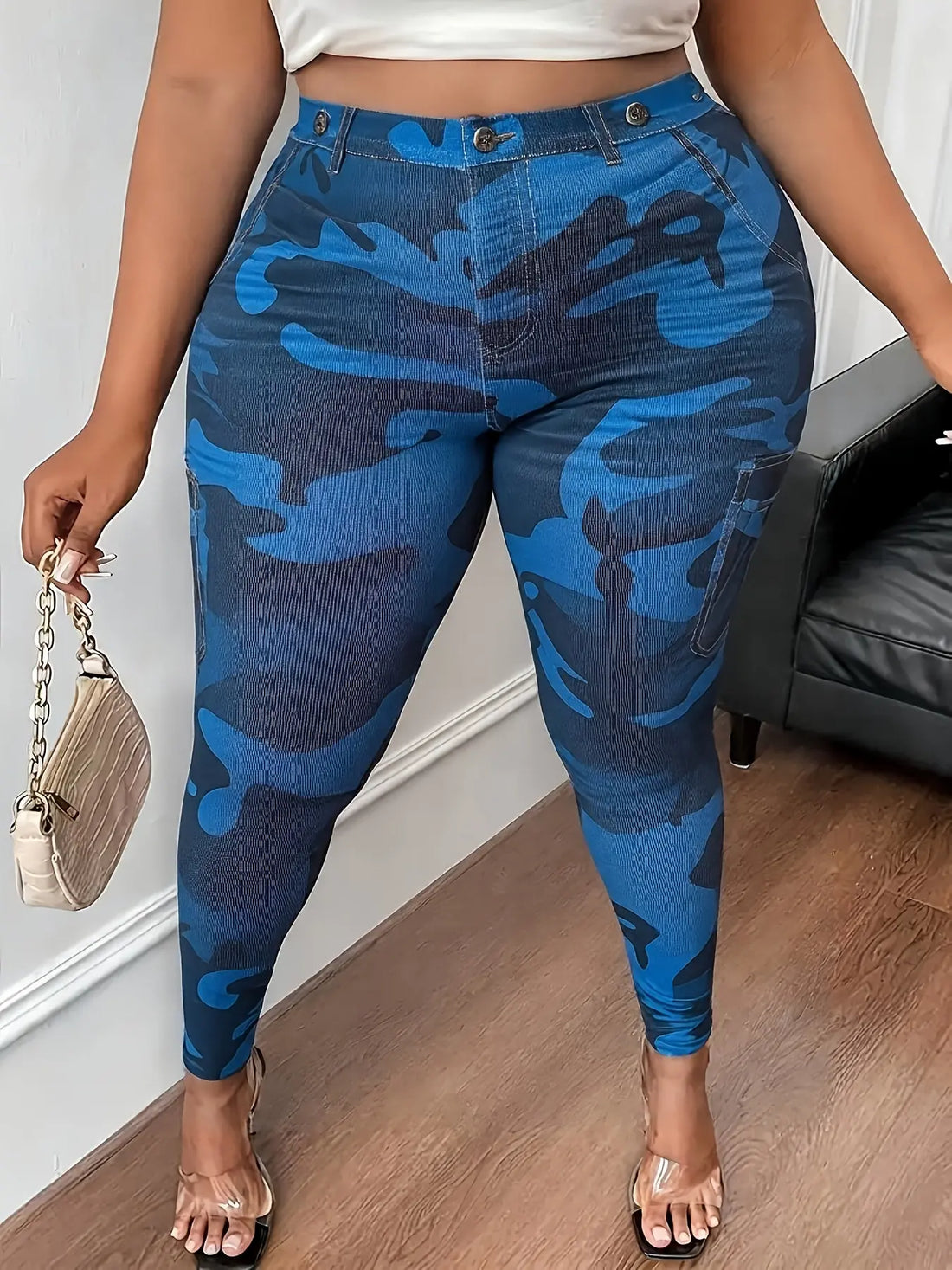 【imitation denim】Plus Size - Stretchy Leggings with a Camouflage Pattern for Plus-Size Women. Lady T Fashions