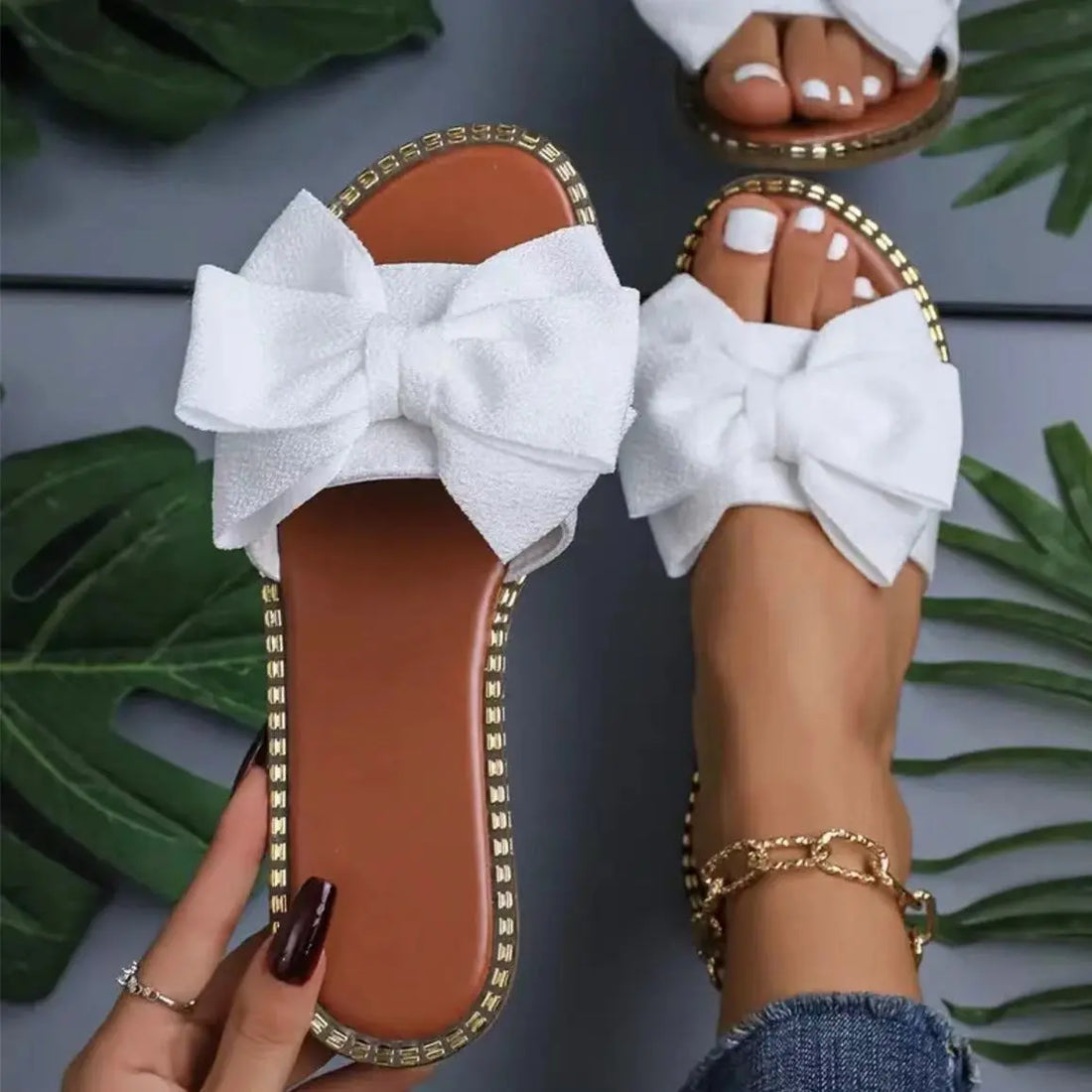 Flat Bottom Rhinestone Bowknot Slippers Women's Cloth Sandals null