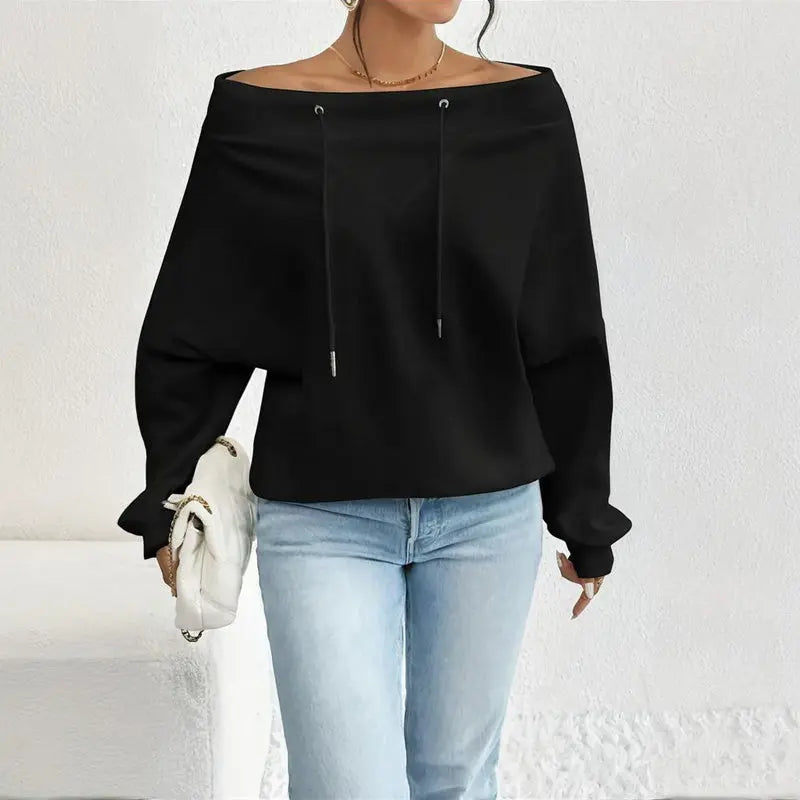 Plus Size Women's Solid Color Off-Shoulder Long Sleeve Pullover With Drawstring - Casual Ribbed Detail Top For Spring&Fall Lady T Fashions