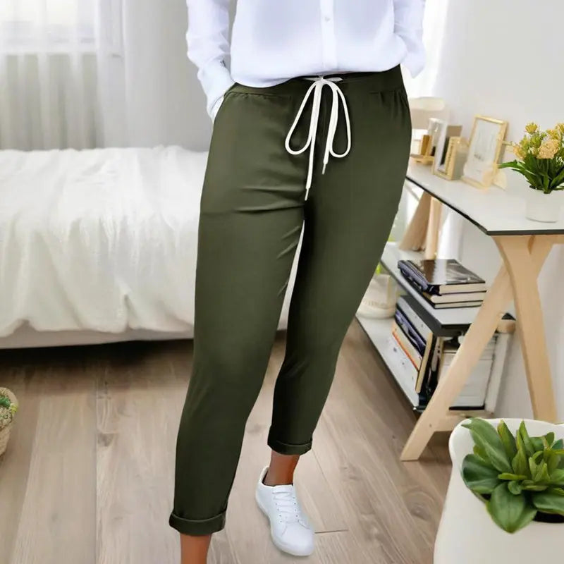Women's Solid Color Casual Pants - Stretchy Waist With Drawstring Comfortable Lounge Pants Lady T Fashions
