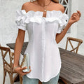 Women's Solid Color Off-Shoulder Ruffled Blouse - Waist Button-Down Shirt For Vacation & Daily Wear Lady T Fashions