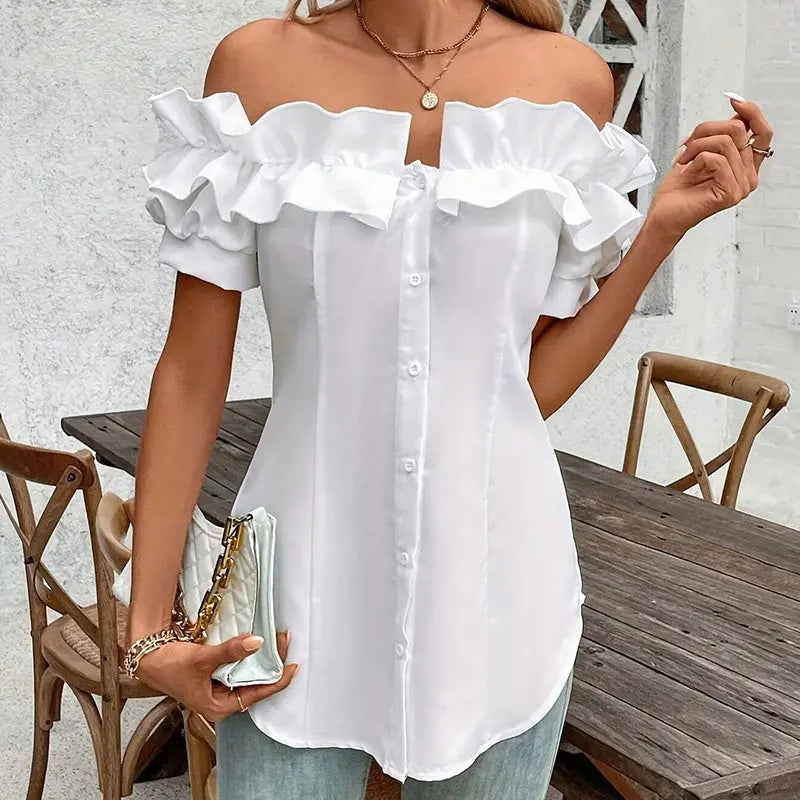 Women's Solid Color Off-Shoulder Ruffled Blouse - Waist Button-Down Shirt For Vacation & Daily Wear Lady T Fashions