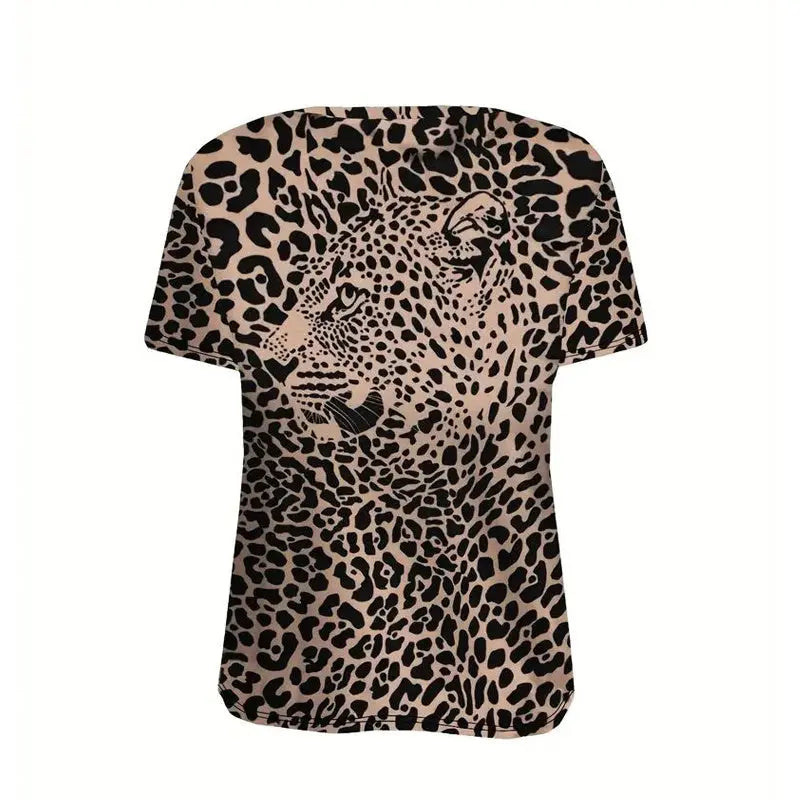 Women's Leopard Print Round Neck T-Shirt - Wild Chic Summer Short Sleeve Top Lady T Fashions