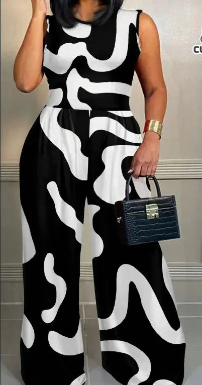 Casual Geometric Pattern Plus Size Jumpsuit With Sleeveless Top, Summer Lady T Fashions