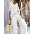 Women's 2 Piece Outfit, Casual Solid Color V-Neck Half Sleeve Top And Wide Leg Pants Lounge Set Lady T Fashions