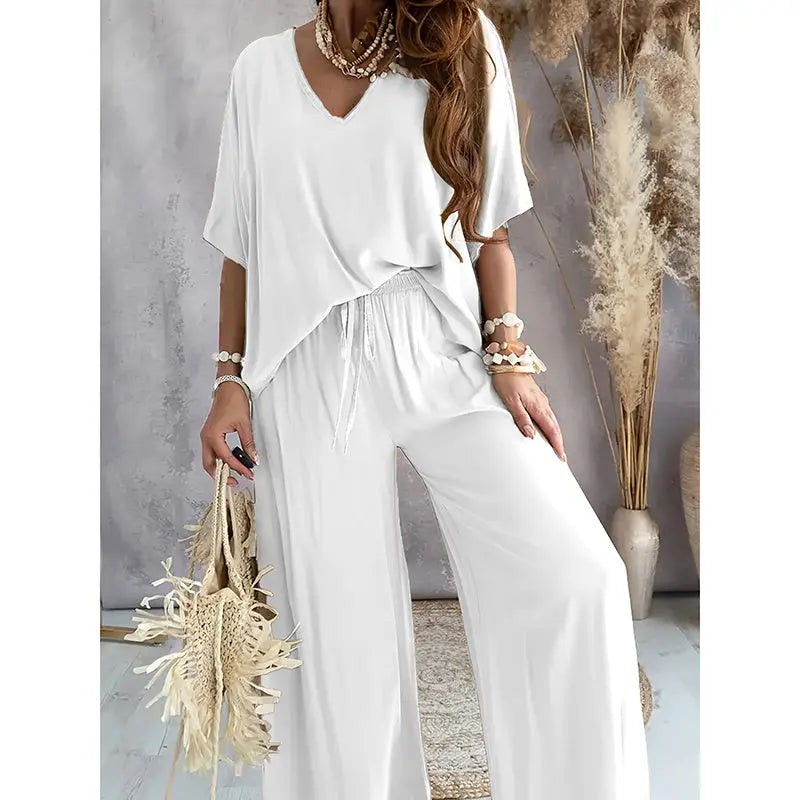 Women's 2 Piece Outfit, Casual Solid Color V-Neck Half Sleeve Top And Wide Leg Pants Lounge Set Lady T Fashions