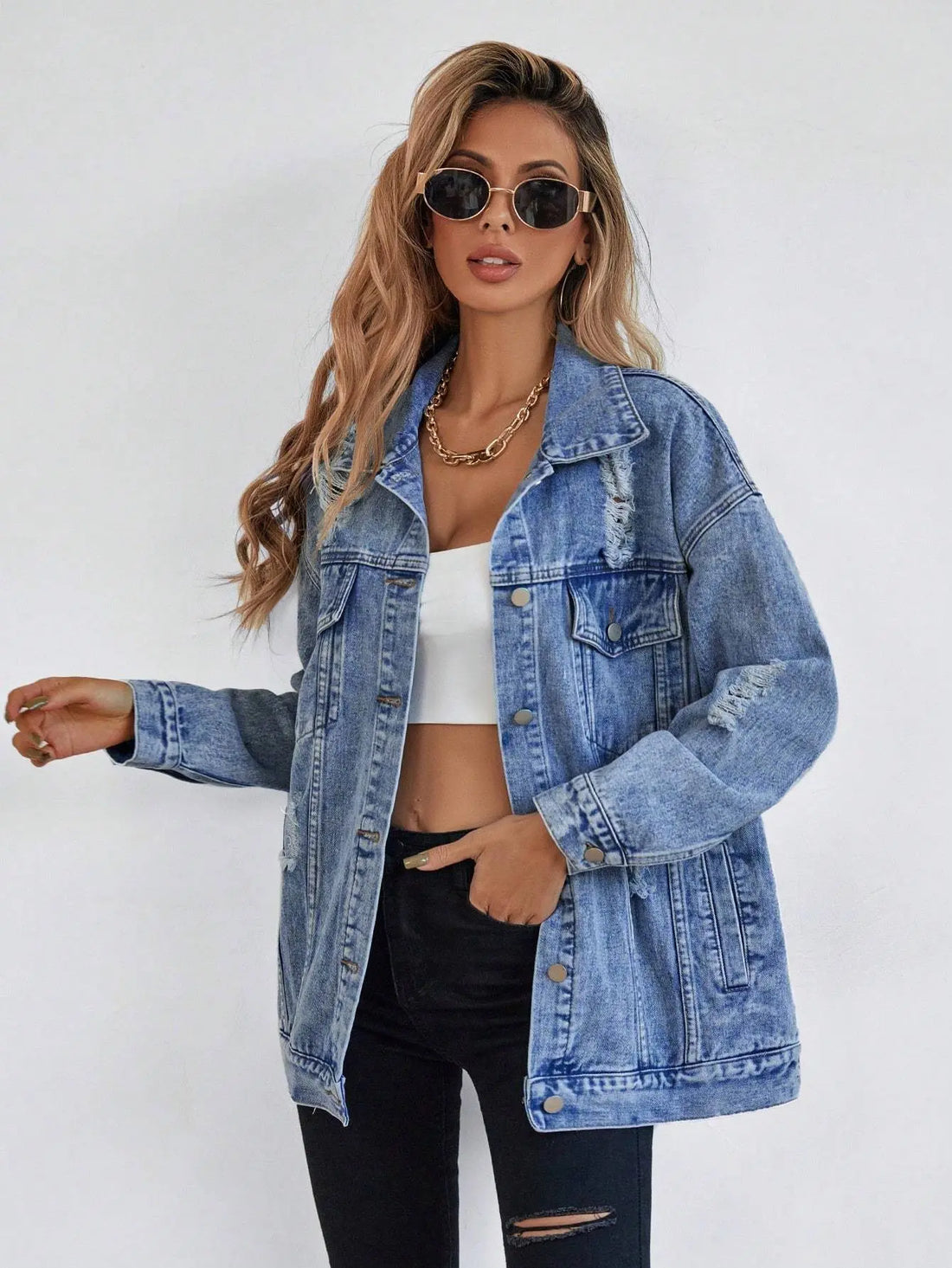 Button Blue Front Flap Pocket Drop Shoulder Denim Jacket Lady T Fashions