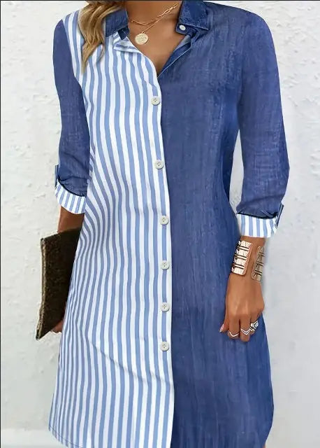 Stylish Striped Print Color Block Shirt Dress - Versatile Long Sleeve For Chic Spring & Fall Looks - Comfortable Womens Clothing For Everyday Wear Lady T Fashions