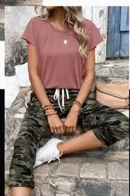 Summer Solid Color Round Neck Short Sleeve T-Shirt And Leopard Print Casual Pants Two Piece Set For Women Lady T Fashions
