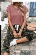 Summer Solid Color Round Neck Short Sleeve T-Shirt And Leopard Print Casual Pants Two Piece Set For Women Lady T Fashions