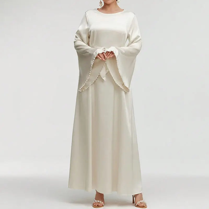 Elegant Round Neck Solid Color Flared Maxi Dress Long Sleeve With Pearl Cuff Detail, Modest A-Line Middle Eastern Abaya Party & Vacation Dress For Women Lady T Fashions