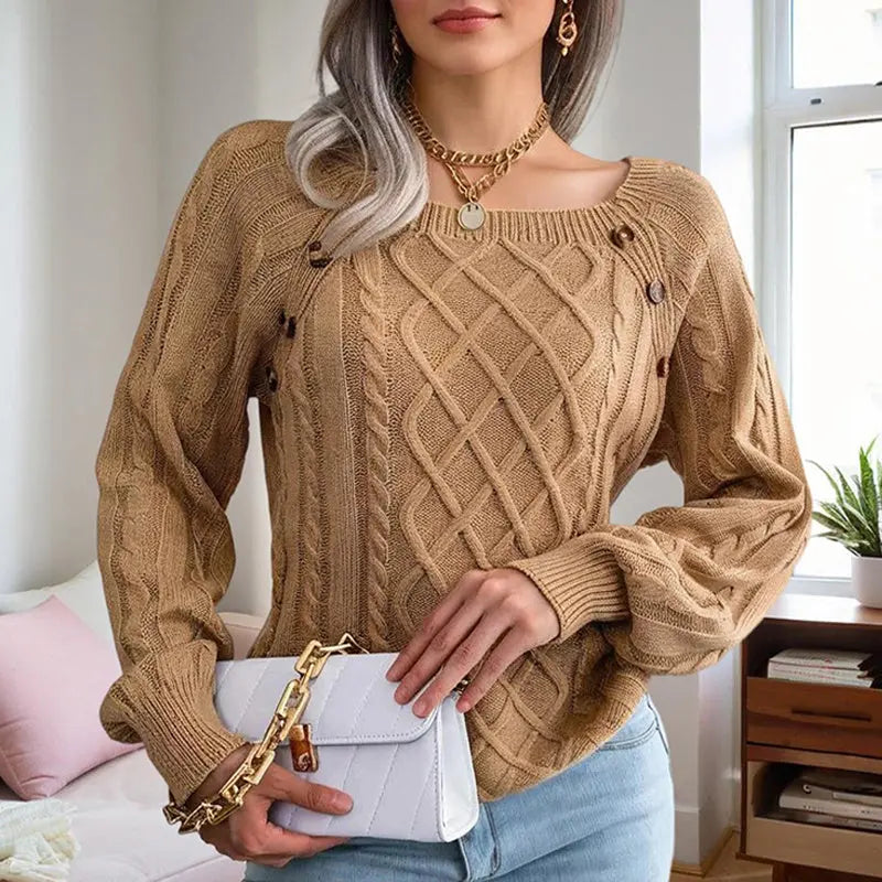Women's Solid Color Casual Square Neck Button-Detail Knit Top - Textured Ribbed Pattern, Cozy Fall&Winter Sweater Lady T Fashions